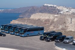 Kamari Tours Busses and cars fleet in Santorini island